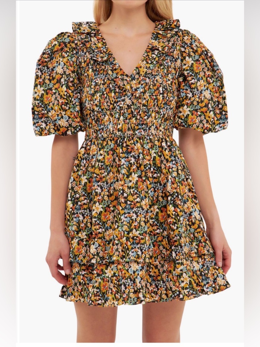 English Factory Plunge V Floral Puff-Sleeve Smocked Mini Dress Size Small BNWT